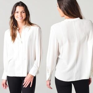 NWT Vince Medium Silk Crepe Long Sleeve Tie Neck Blouse White Classic Fit $375